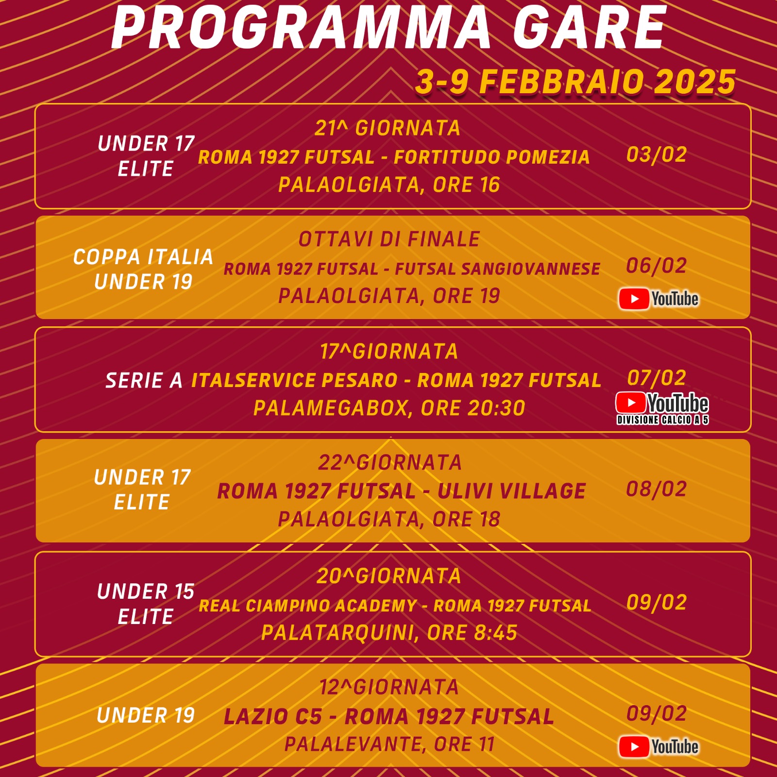 Programma gare 3/9 febbraio 2025